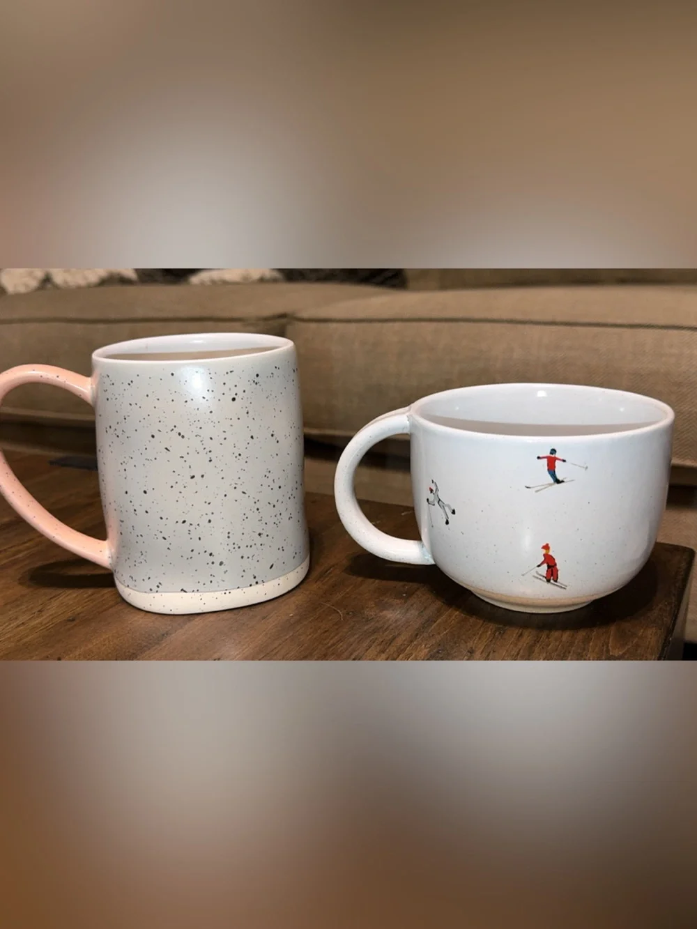 west elm/world market set of 2 coffee/tea mugs/cups snow ski/st jude/fox
